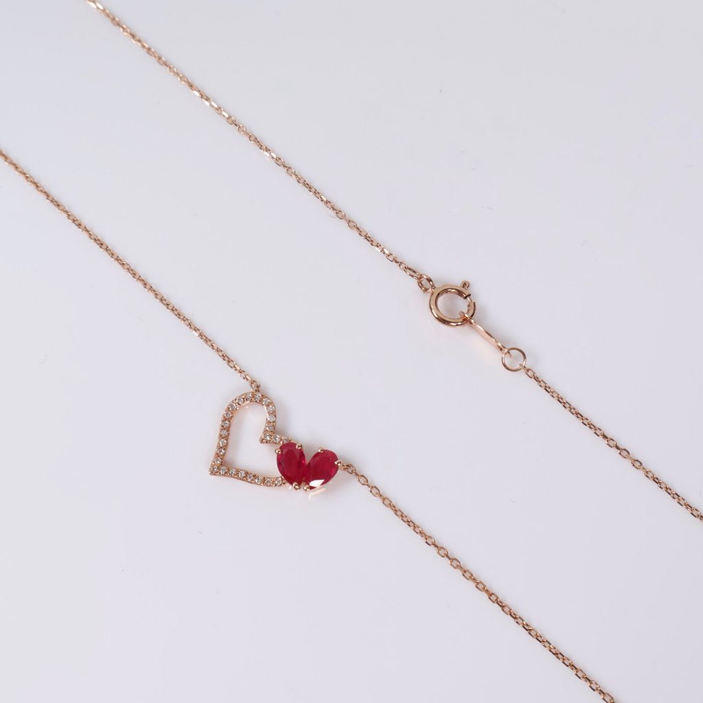 14K RG Diamond Heart With Ruby Set Jewelry / 1.8gr / 1mm / 18in / 0.10Ct / VS2-SI / G-H / 0.45Ct Ruby