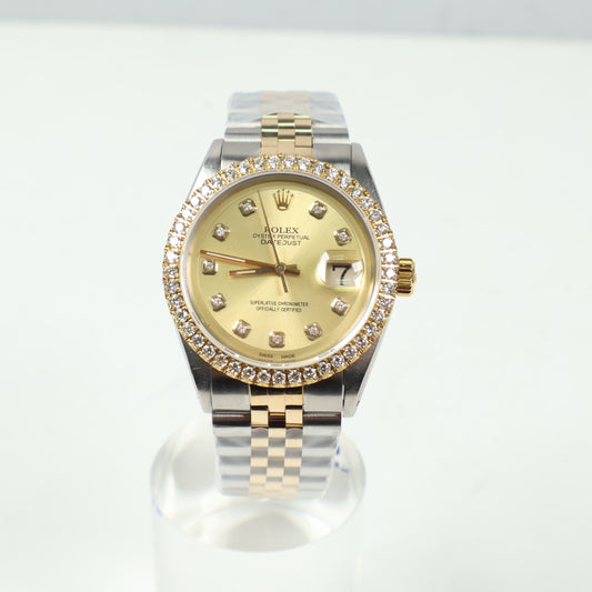 Rolex Datejust Two Tone Champagne Dia Dial - Diamond Bezel Watch / 36mm / Wt Dia