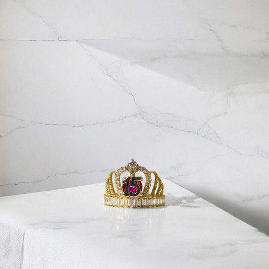14K Yellow - White Gold Tiara 15 Ring With Fucshia/White Zircons / 3.2gr / Size 8.5