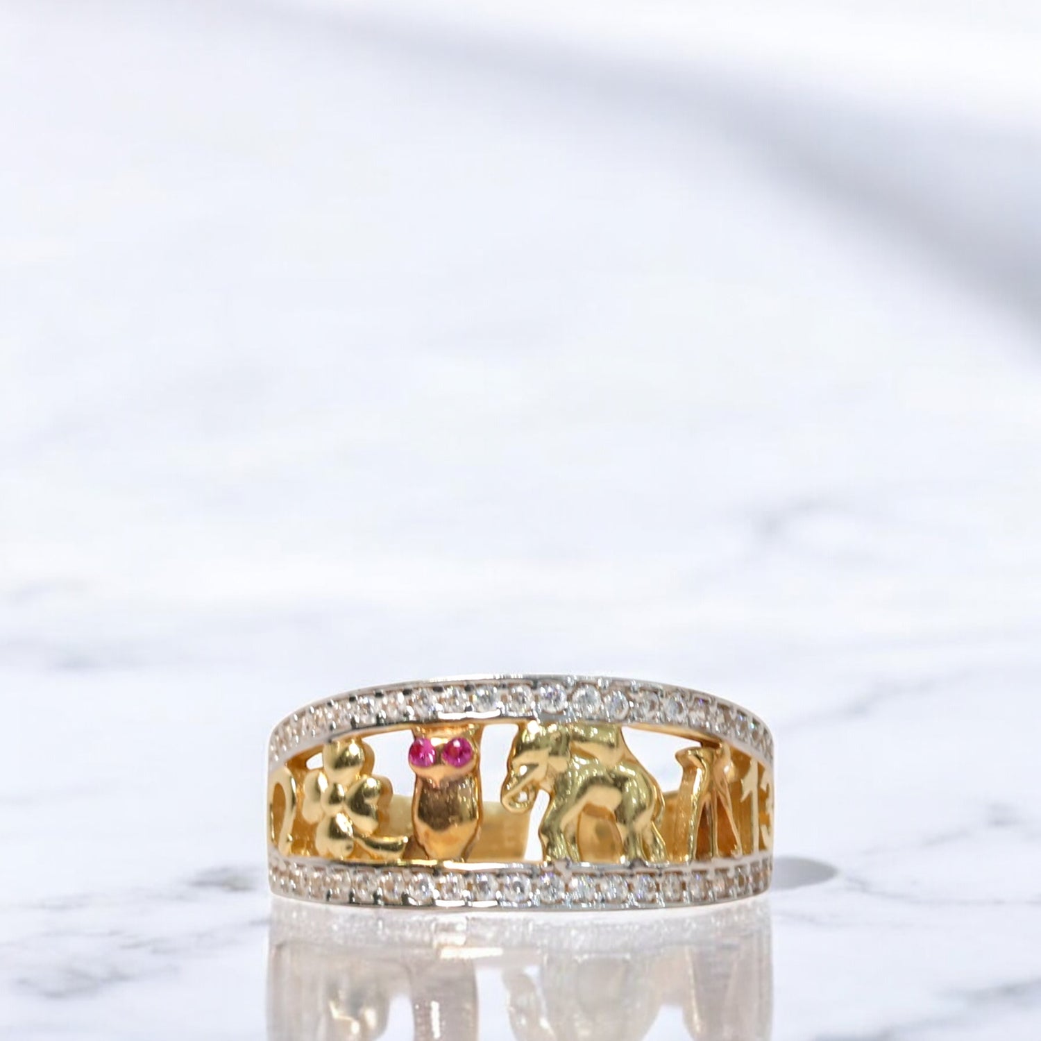 14K Yellow Gold 13 Lucky Symbols Ring With Zirconia / 2.5gr / Size 6.5
