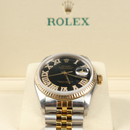 Rolex DateJust Dia Dial Roman Numbers Black Face Ref 16013 Watch / 36mm /