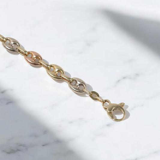 14K 3 Tone Gc Link Bracelet / 9.43gr / 7.3mm / 8in /