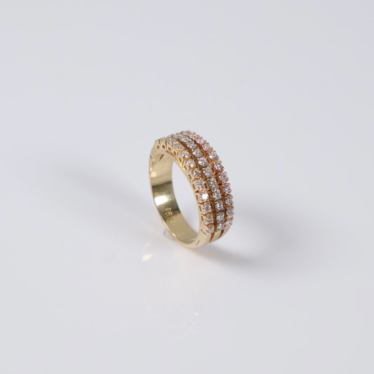 18K YG Diamond Luxury Three Lines Rings / 6gr / Sz 6.5 / Ct Dia