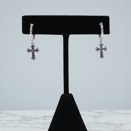 14K WG Diamond Cross - Blue Diamond Hoop Earrings / 3gr /  / D-0.25Ct