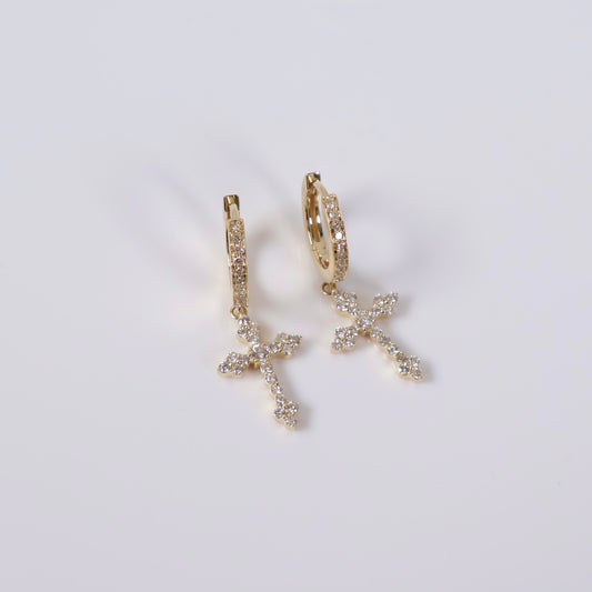 10K YG Diamond  Cross Hoop Earrings / 3.3gr /  / 0.63Ct Dia