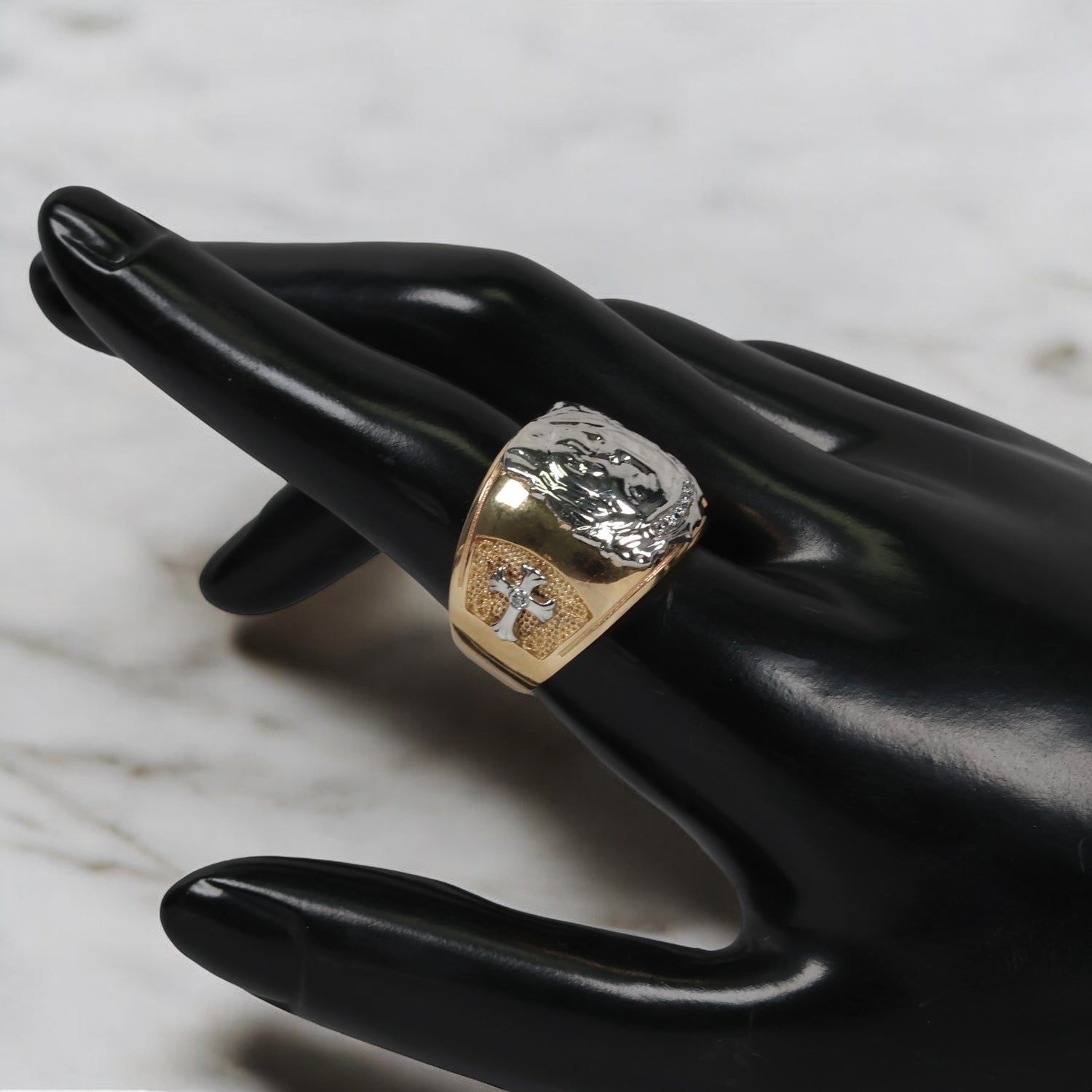 14K 2 Tone Jesus Face Rings / 8.15gr / Sz 10 / White Zircons
