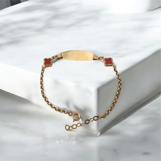 14K YG Baby Roll-on Name Plate With Red Clover Bracelet / 1.60gr / 1.63mm / 6in