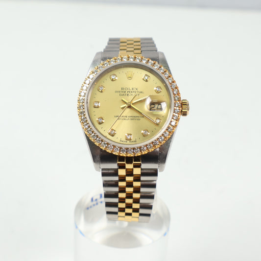 Rolex Datejust Two Tone Champagne Dia Dial - Diamond Bezel - Quick Set Watch / 36mm / Wt Dia