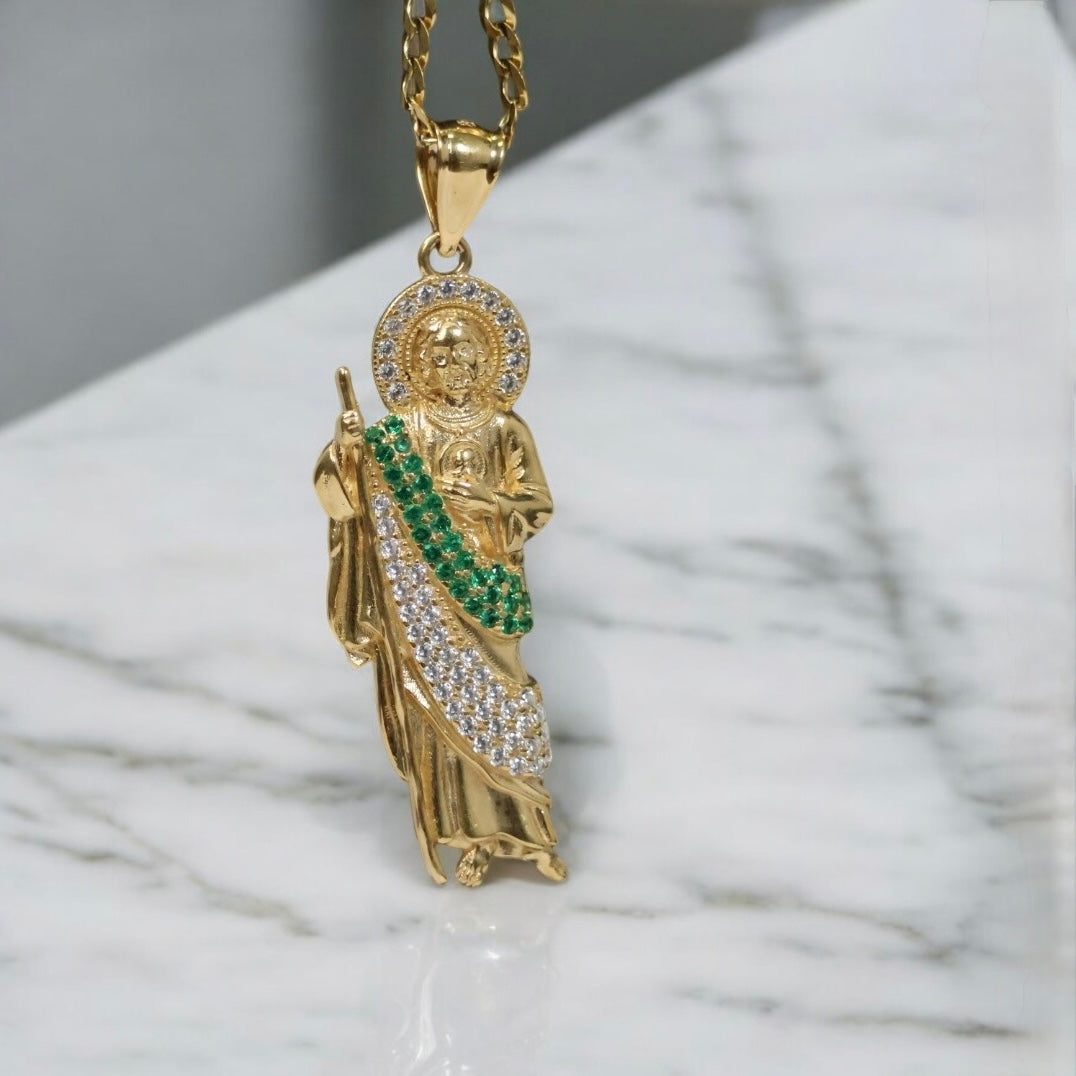 14K YG Saint Judas / American Cuban Link Chain Set Jewelry / 12.7Gr / 3.2mm / 24in /