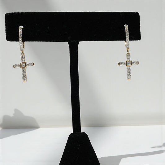 14K YG Diamond Cross Hoop Earrings / 2.36gr /  / D-0.4Ct