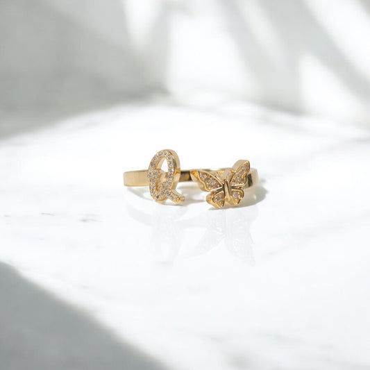 10K YG Diamond Butterfly - Letter Q Rings / 2.31gr / Sz 6 1/4 / 0.09Wt Dia