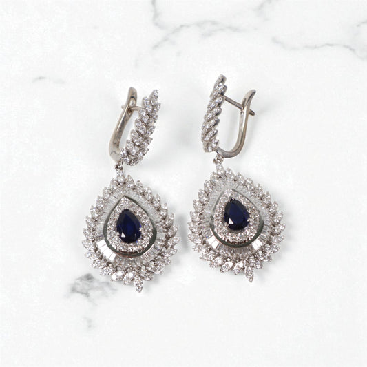 18K WG Diamond Pear Drop Dangle - Blue Sapphire Stud Earrings / 14.64gr / 1.5in / 2.86Wt Dia Vs1