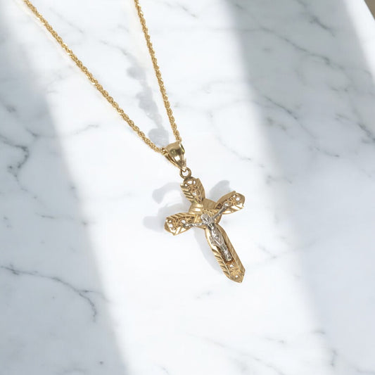 10K Yellow - White Gold Cross Jewelry Set / 5.6gr / 27in
