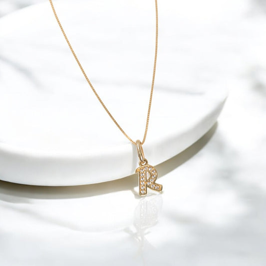 18K Yellow Gold Letter R Italics-Chain Box Link Jewelry Set With Zircons / 1.9gr / 0.6mm / 15.5in