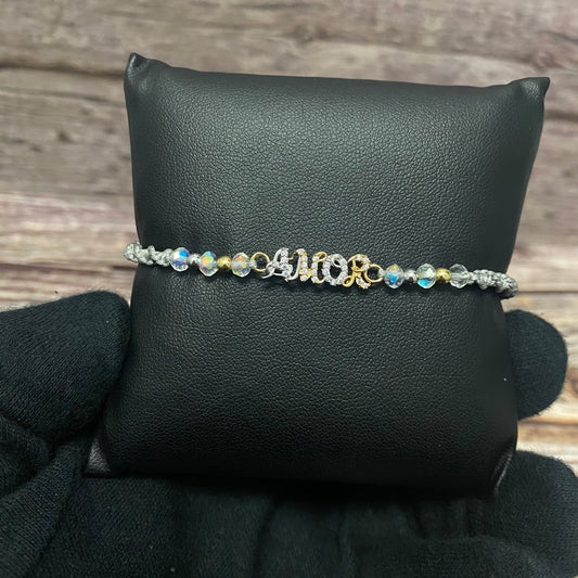 18K Yellow - White Gold Tejida Amor-Smooth Balls Bracelet With Zircons-Adjustable / 1.1gr