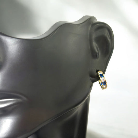 14K Yellow Gold Luxury Bluestone Hoop Earrings / 1.2gr