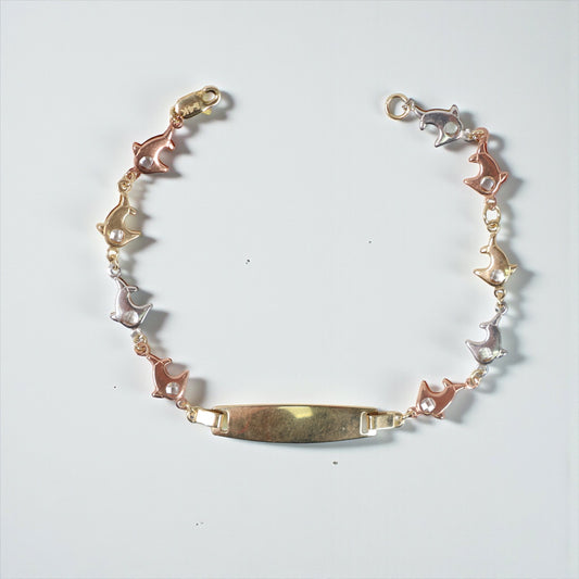 14K 3 Tone Baby Name Plate Dolphin Bracelet / 2.24gr / 6.2mm / 6in /