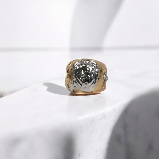 14K 2 Tone Jesus Face Rings / 8.1gr / Sz 10  / White Zircons