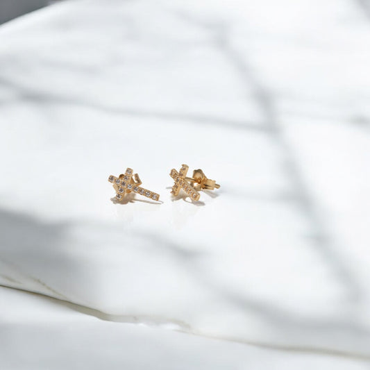 18K Yellow Gold Cross Stud Earrings With Zircons / 1gr