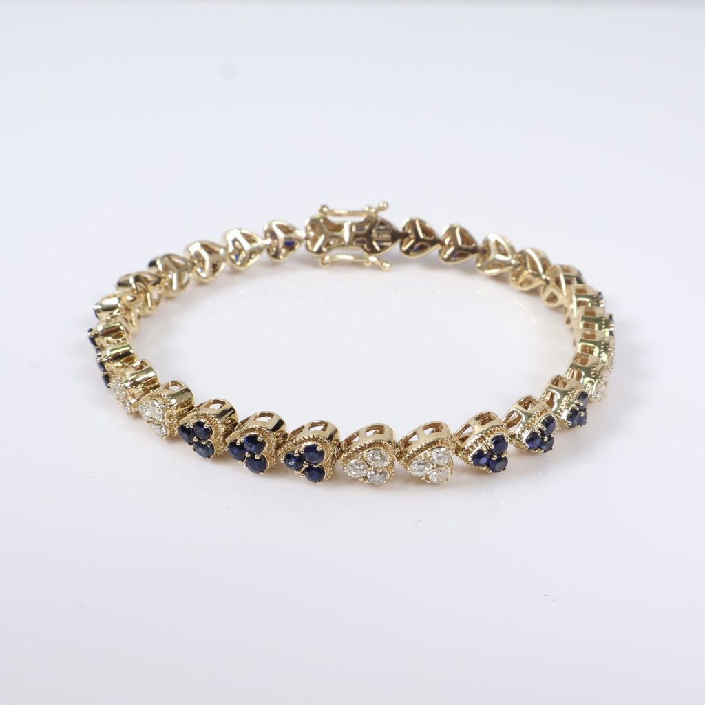 14K YG Diamond Heart With Sapphire Bracelet / 15.8gr / 6mm / 7in / 1.65Ct / VS2-SI / G-H - 3.21Ct Sapp