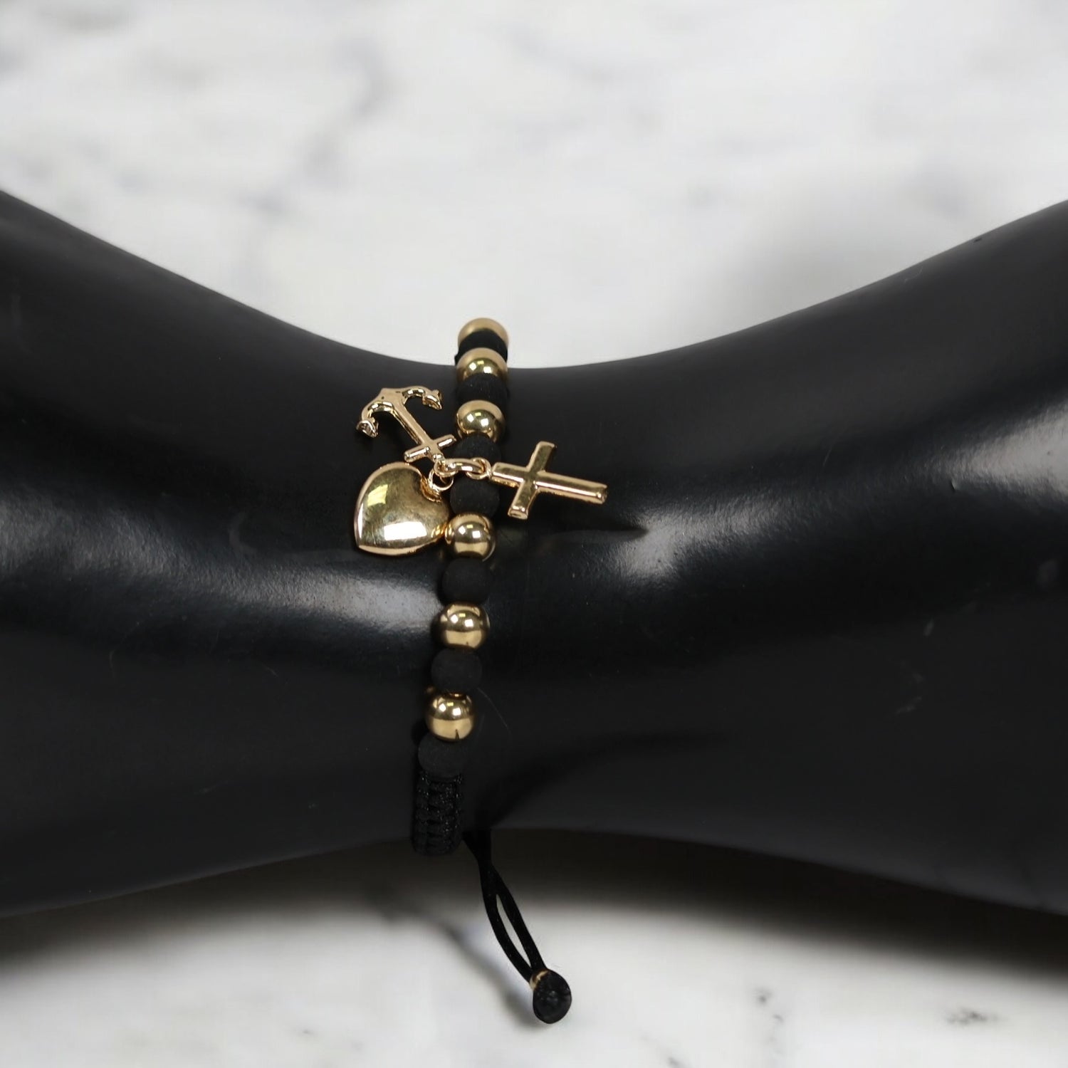 18K YG Three Graces-Cross-Heart-Anchor-Diamond Cut Balls Bracelet Tejido / 1.94gr / Adjustable /