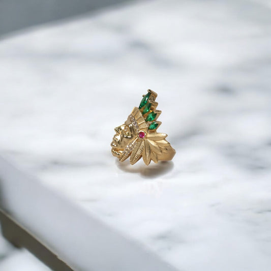 14K YG Indio  Rings / 5.6gr / Sz 8 / White/Fucshia/Green Zircons