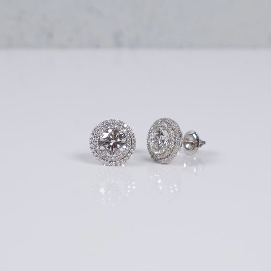 14K WG Lab Diamond Halo Round Brilliant Cut Stud Earrings / 2.96gr / 11mm / 2.50 CTTW Lab VS / E-F