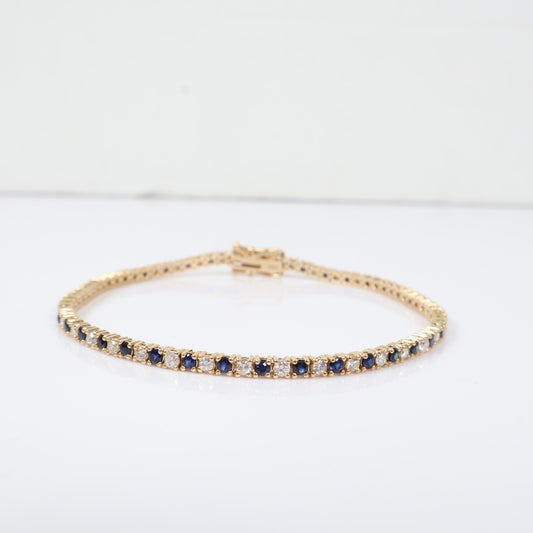 14K YG Diamond Tennis with Sapphire Bracelet / 7.15gr / 2.5mm / 7in / D-1.25Ct / S-1.52