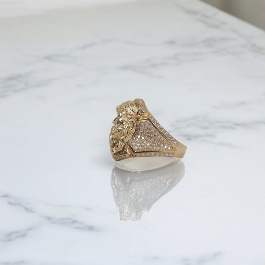 14K YG Jesus Praying Rings / 7.2gr / Sz 9 3/4 / White Zircons