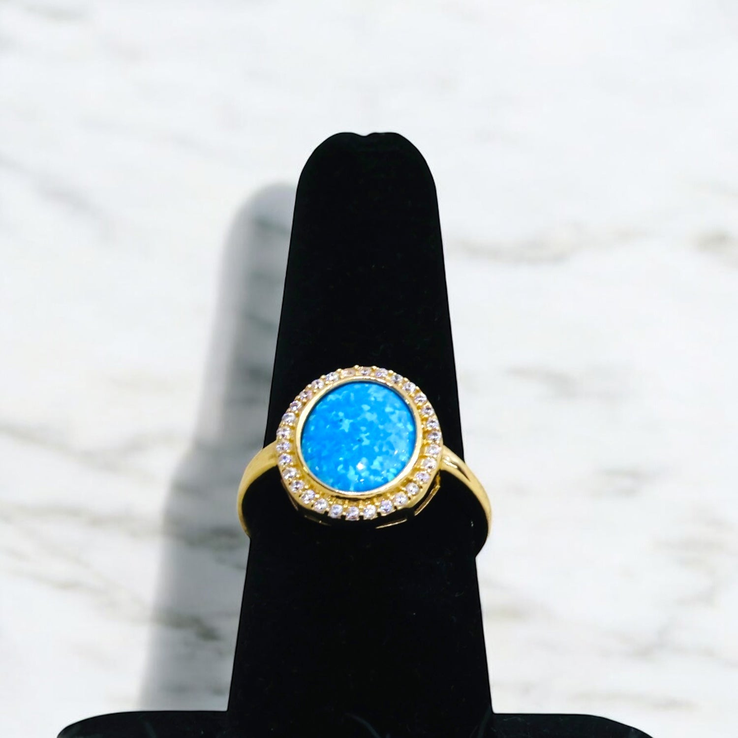 14K Yellow Gold Bluestone Ring With Zirconia / 3.1gr / Size 8