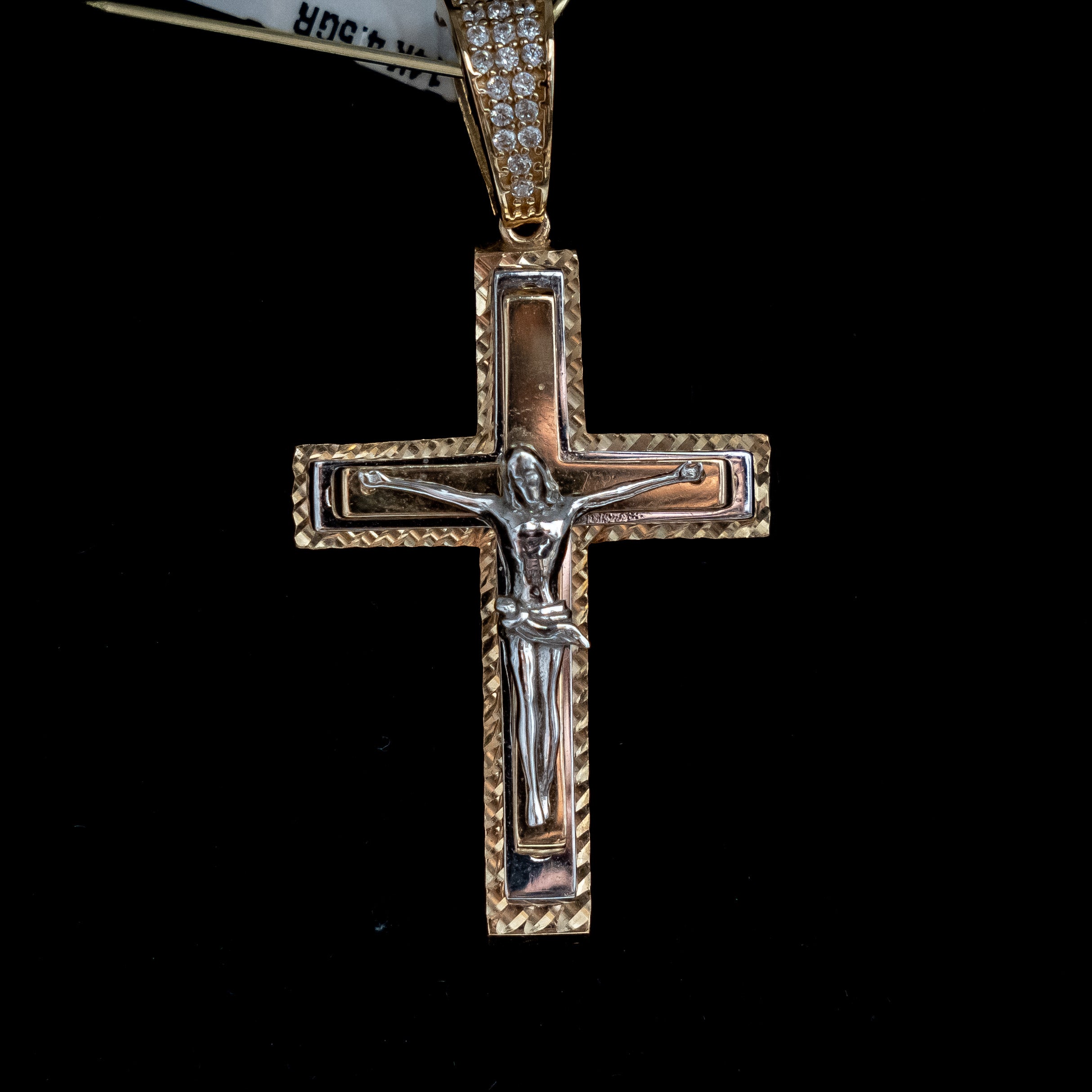 Jesus Christ Cross Pendant 14K Yellow - White Gold With Zirconia / 4.4gr