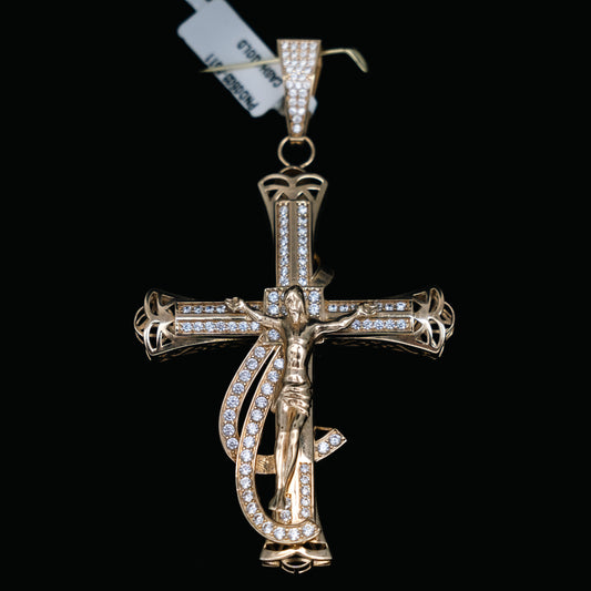 Jesus Cross Pendant 14K Yellow Gold With Zirconia / 11.9gr