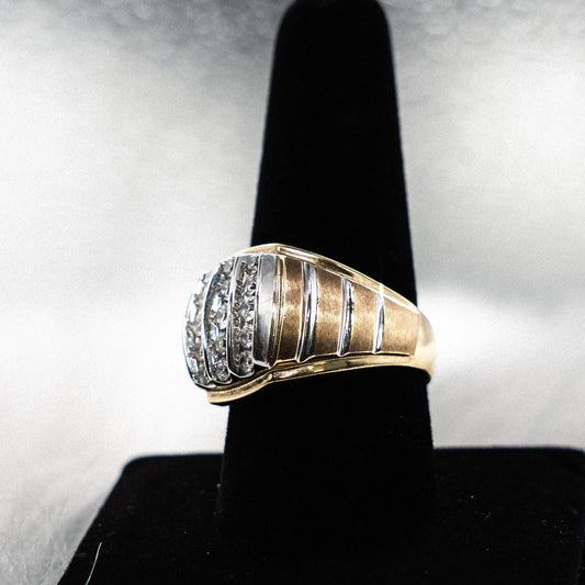 Three Diamond Lines Ring 10K Yellow - White Gold With Zirconia / 6.9gr / Size 10