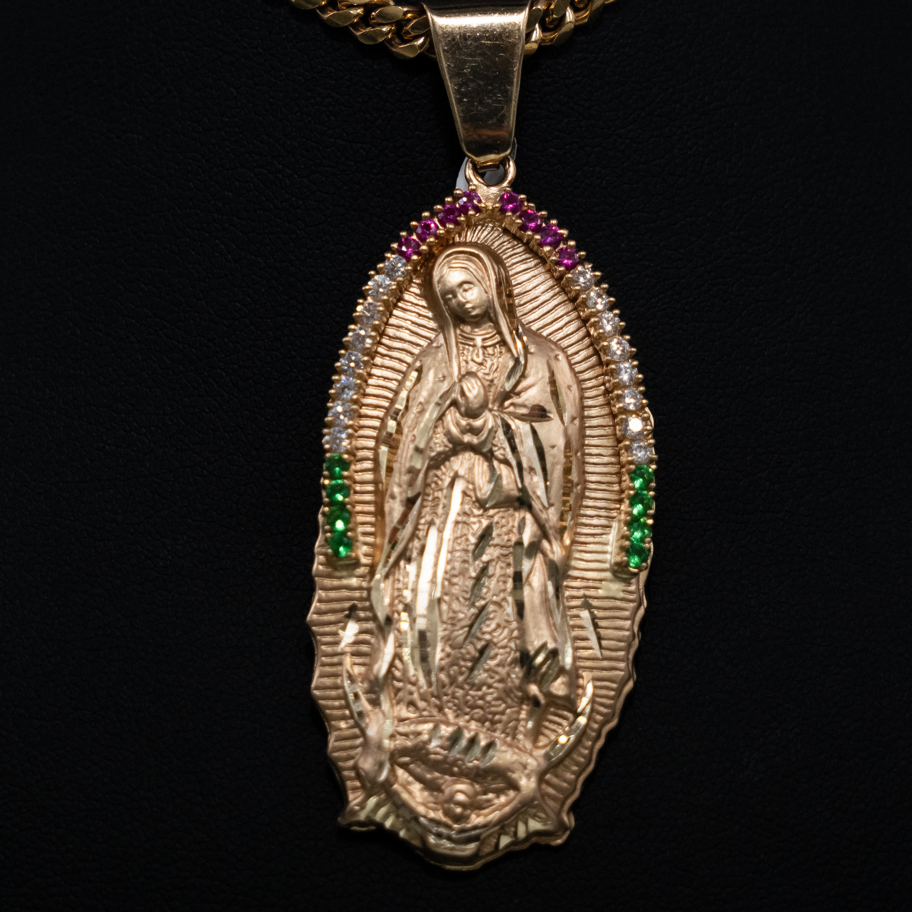 Virgen De Guadalupe Pendant 14K Yellow Gold Colors Zirconia / 17.6gr