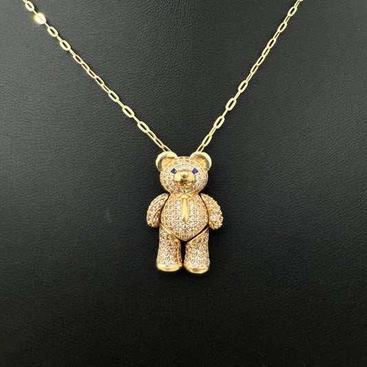 18K Yellow Gold Articulated Bear Pendant With Blue/White Zircons / 8.2gr