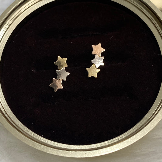 18K Three Colour Gold Stars Stud Earrings / 0.7gr