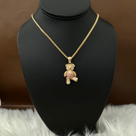 18K Yellow Gold Articulated Bear Pendant With Brown/Fucshia/White Zircons / 8.8gr