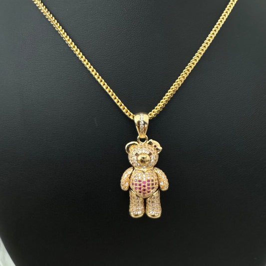 18K Yellow Gold Articulated Bear Pendant With Brown/Fucshia/White Zircons / 8.8gr