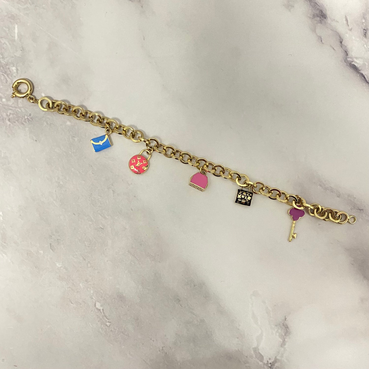 14K Yellow Gold Roll-On With Charms Bag/Clover Key Bracelet / 9.1gr / 7mm / 7.5in