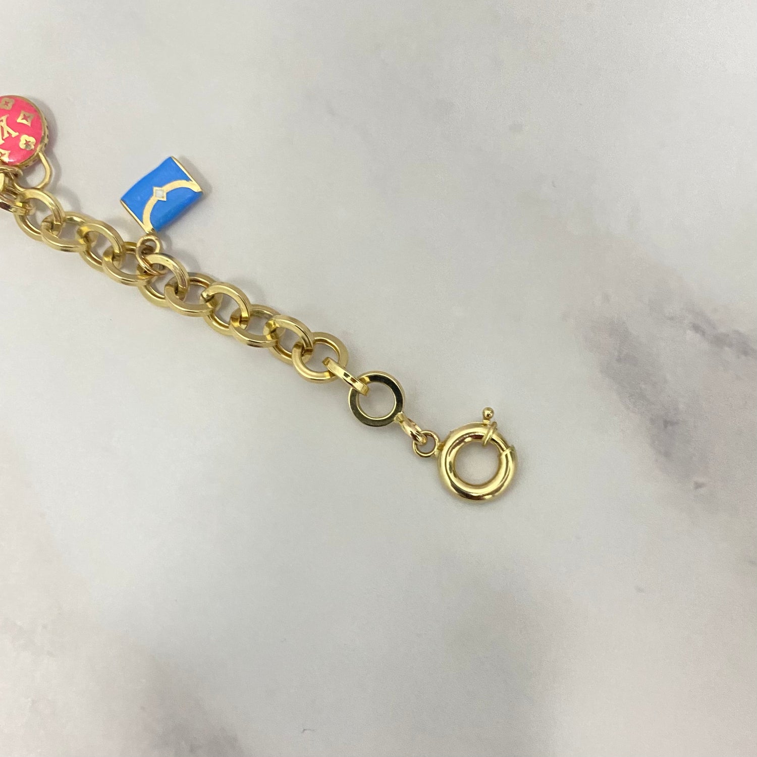 14K Yellow Gold Roll-On With Charms Bag/Clover Key Bracelet / 9.1gr / 7mm / 7.5in