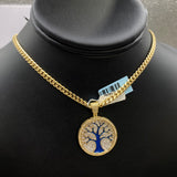 Blue Family Tree Pendant 14K Yellow Gold With Diamond 0,85ct / 6.7gr