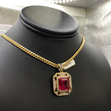 Ruby Square Pendant 10K Yellow Gold With Zirconia / 8.2gr