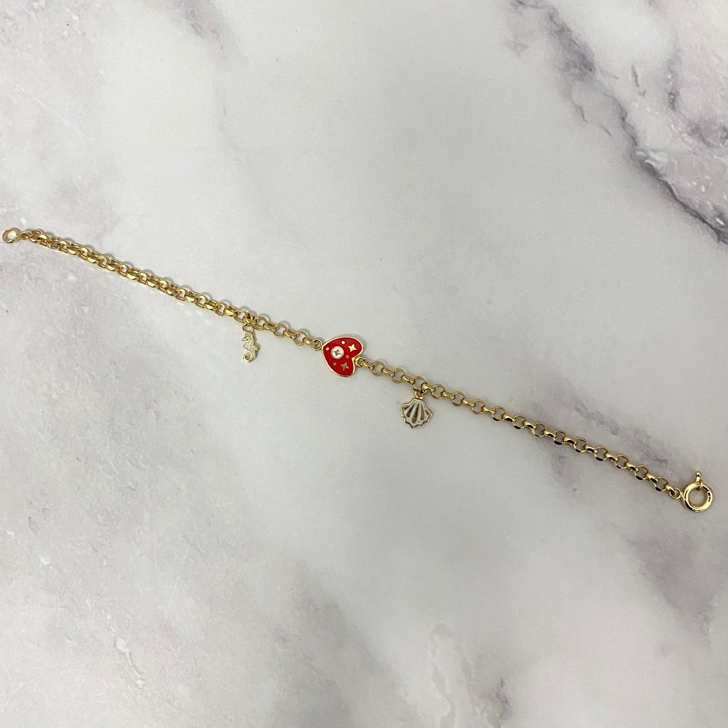 14K Yellow Gold Roll-On With Charms Heart/Sea Horse/Clam Bracelet / 5gr / 4mm / 7.5in