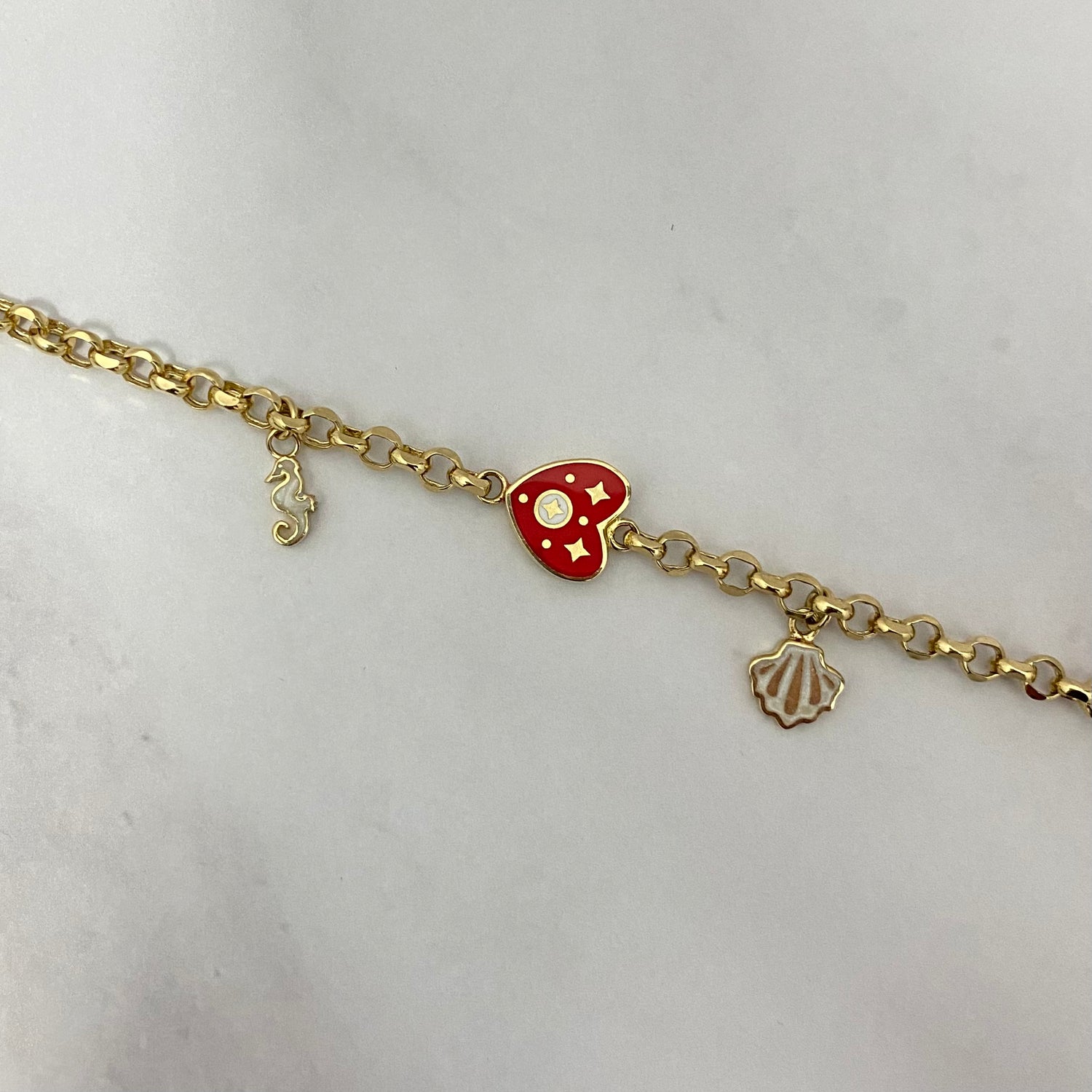 14K Yellow Gold Roll-On With Charms Heart/Sea Horse/Clam Bracelet / 5gr / 4mm / 7.5in
