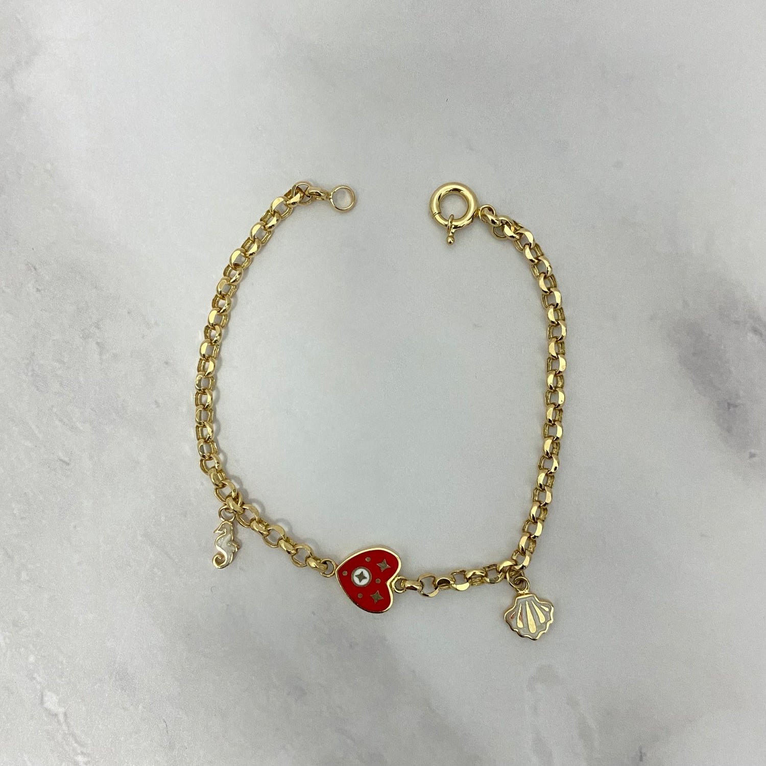 14K Yellow Gold Roll-On With Charms Heart/Sea Horse/Clam Bracelet / 5gr / 4mm / 7.5in