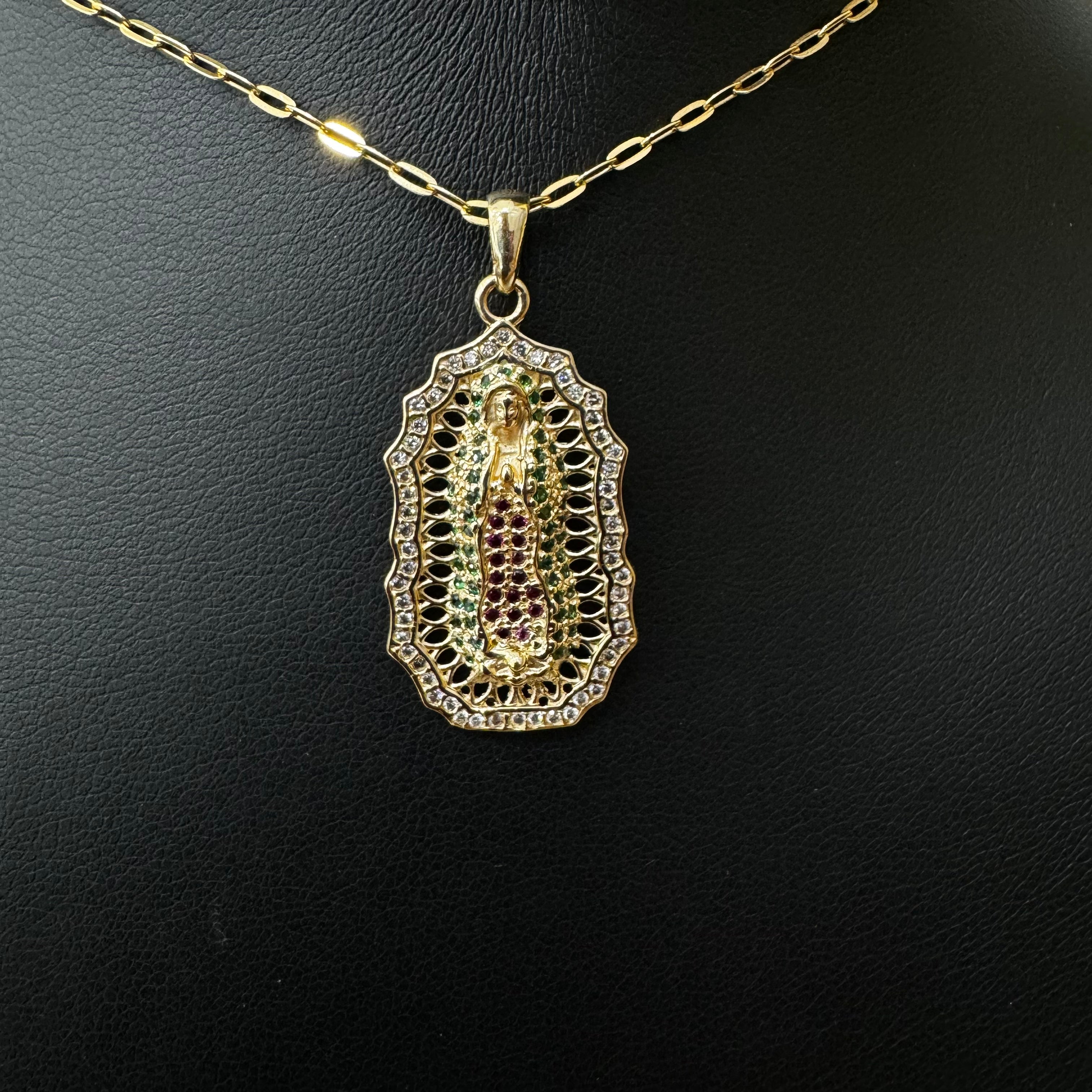 18K Yellow Gold Virgen Guadalupe Pendant With Green/Pink/White Zircons / 4.8gr