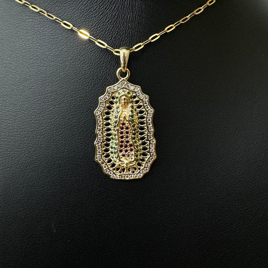 18K Yellow Gold Virgen Guadalupe Pendant With Green/Pink/White Zircons / 4.8gr