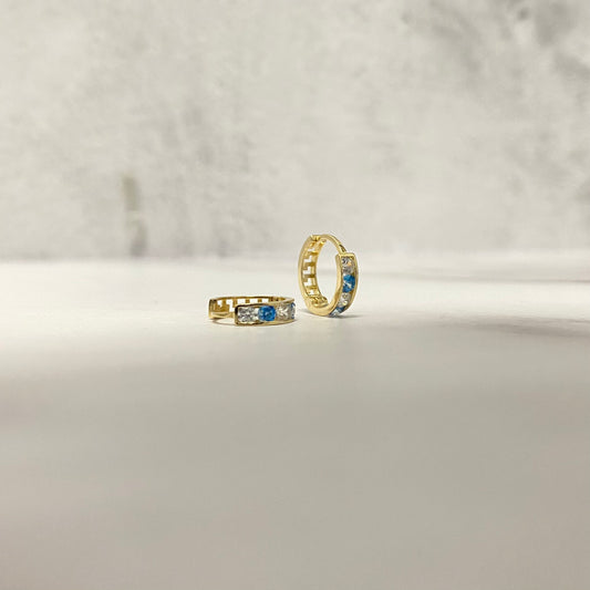 14K Yellow Gold Luxury Huggie Hoop Earrings With Sky Blue Zircons / 1gr