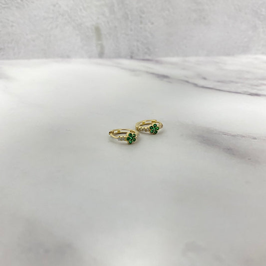 14K Yellow Gold Luxury Huggie Flower Hoop Earrings With Green Zircons / 1.2gr