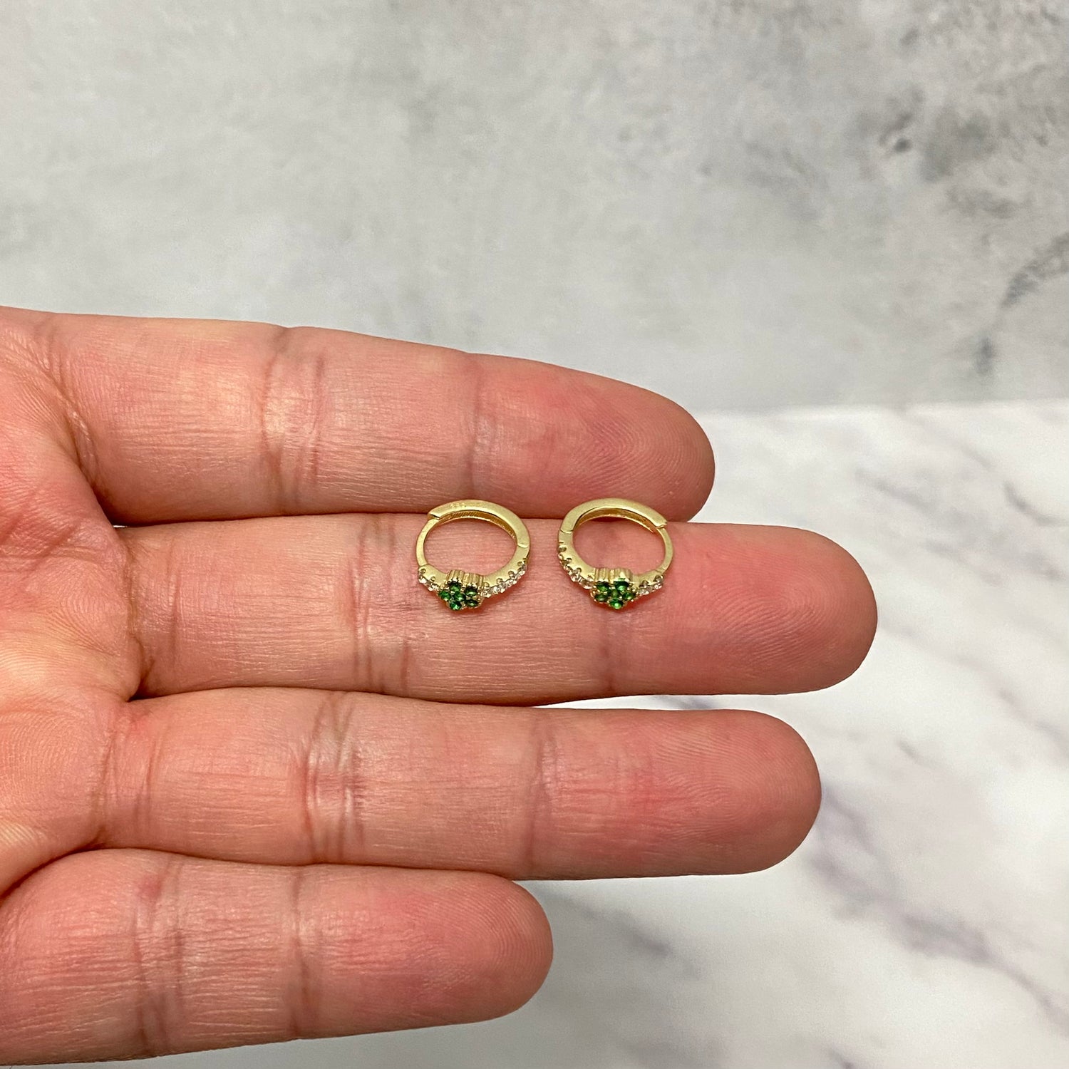14K Yellow Gold Luxury Huggie Flower Hoop Earrings With Green Zircons / 1.2gr